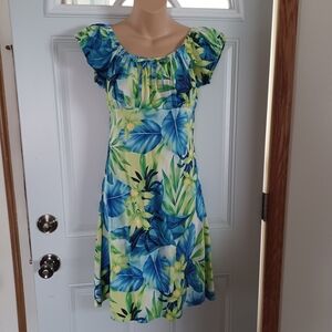 Tropical Short Sleeve Babydoll Blue Green Floral Midi Sundress Scoop Neck Size S